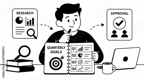 Businessman reviewing quarterly goals and reports at desk.
