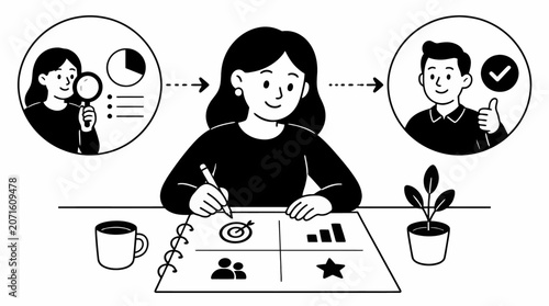 Woman analyzing data and planning at desk with charts.
