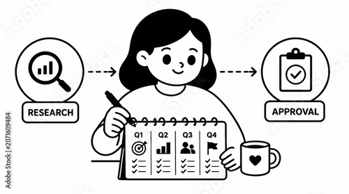 Woman analyzing data charts and graphs on clipboard.