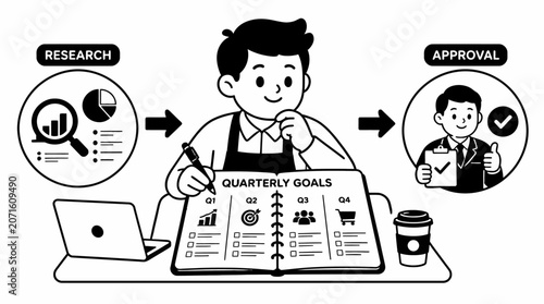Business professional reviewing quarterly goals and research data.