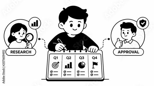 Illustration of person working on laptop with research and approval icons.