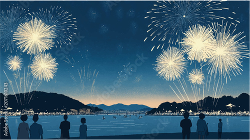 Valokuva 夜空に大きな花火が打ち上がる湖畔の風景、夏祭りやイベントを感じる幻想的な背景素材