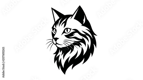 Black and white cat head vector logo, elegant feline mascot illustration with long fur for pet branding