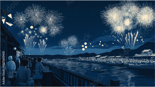 Fotografía 夜の海辺で打ち上がる花火を眺める人々、夏祭りや観光イベントを感じる幻想的な背景素材