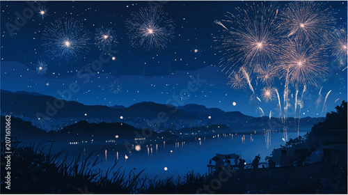 Foto 夜空に大きな花火が打ち上がる湖畔の風景、夏祭りやイベントを感じる幻想的な背景素材