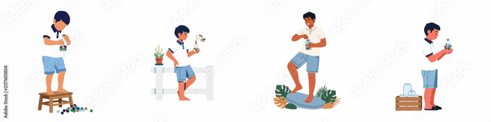 Fototapeta premium Set of illustrations depicting a young boy collecting and playing with colorful marbles in various glass jars and poses.