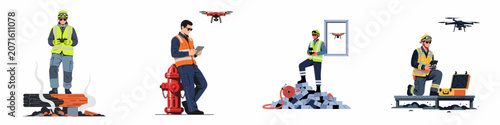 Quadro su tela Set of professional drone operator illustrations featuring rescue workers and industrial inspectors in high-visibility safety gear for emergency and construction site monitoring