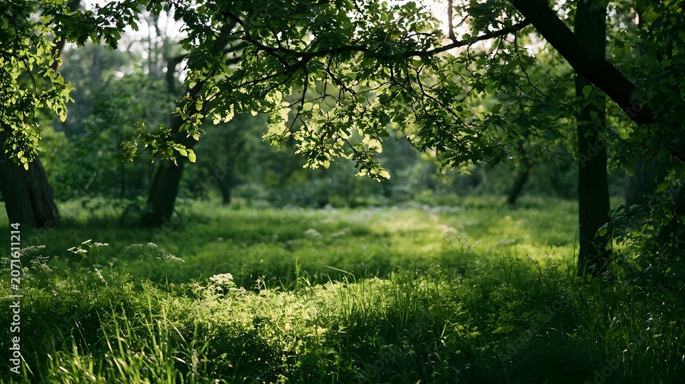 Fototapeta premium Sunlight filters gently through the leaves of an untouched verdant meadow creating a serene and tranquil natural scene