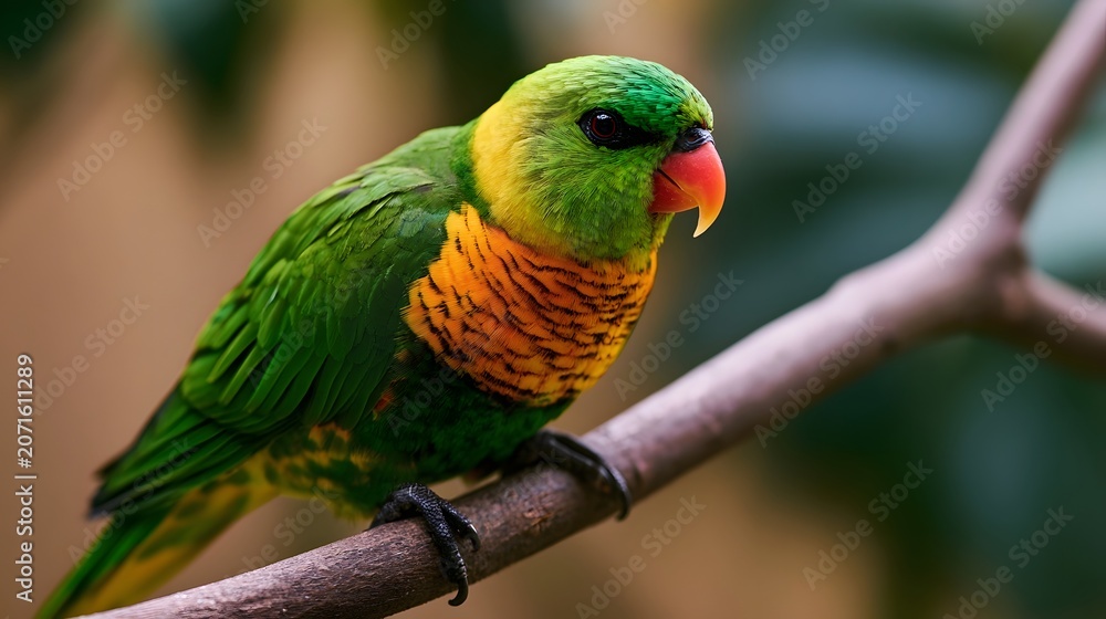 Obraz premium A vividly colored parrot is beautifully perched on a branch displaying intricate patterns and rich tropical motifs
