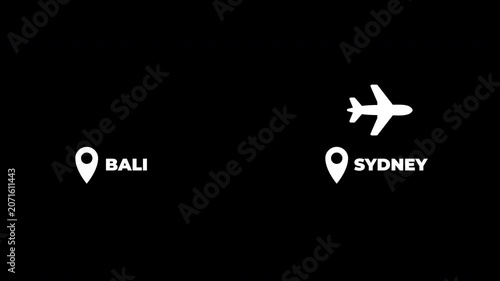 Bali To Sydney Airplane Travel Flight Route White Animation Transparent Background With Alpha Channel