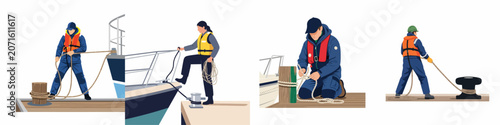 Tableau sur toile Set of flat illustrations featuring maritime workers mooring boats at a dock, wearing life vests and using ropes on bollards
