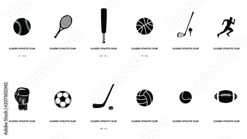 Fotografie Sporting equipment collection with ball bat tennis racket boxing glove and other gear