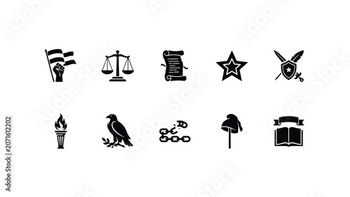 Bild auf Leinwand Historical symbols set featuring justice scales constitution scrolls shields and emblems