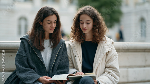 Two exchange students comparing handwritten journals, one in Arabic script and one in Korean, side by side on a sunlit stone bench in a European university courtyard, ideal for