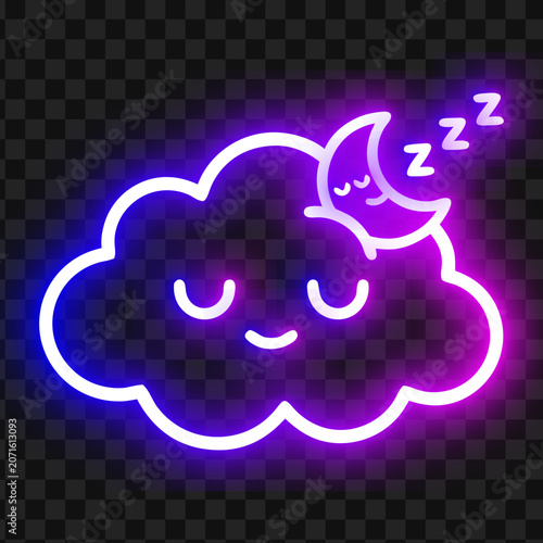 Sleepy neon cloud character with crescent moon sleeping character illustration peaceful