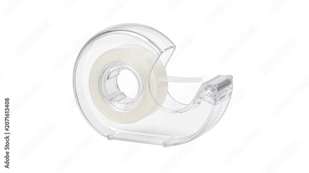 Naklejka premium Clear tape dispenser holds a roll of tape for easy cutting and use during craft projects or office tasks