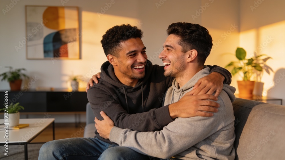 Obraz premium Happy gay couple embracing on a comfortable sofa, sharing a joyful moment in a stylish modern home.
