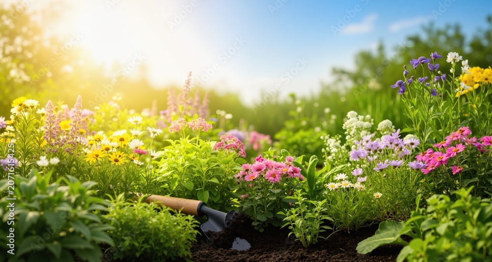 Obraz premium Gardening Concept. Garden Flowers and Plants on a Sunny Background 
