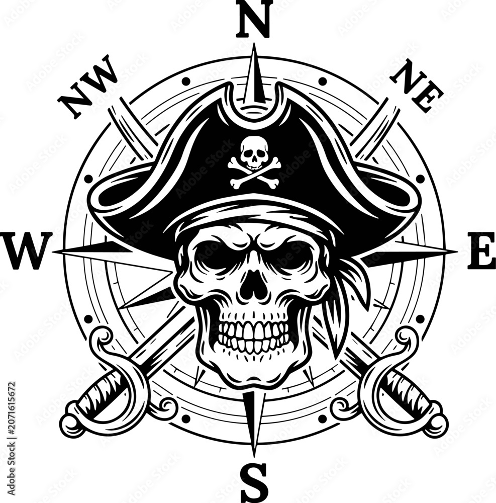 Fototapeta premium Pirate Skull Compass Emblem: A classic pirate emblem featuring a menacing skull and crossbones on a tricorn hat, crossed swords, and a vintage compass rose, symbolizing adventure and danger.