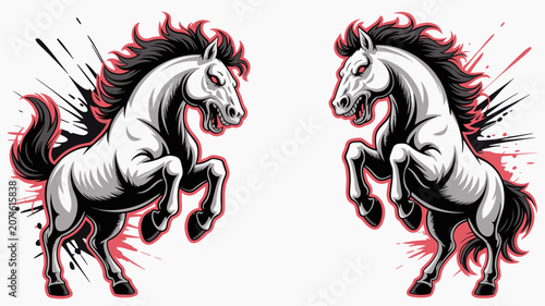Wild Stallions: Two powerful white stallions with wild manes and red accents rear up aggressively, embodying untamed spirit and raw energy.