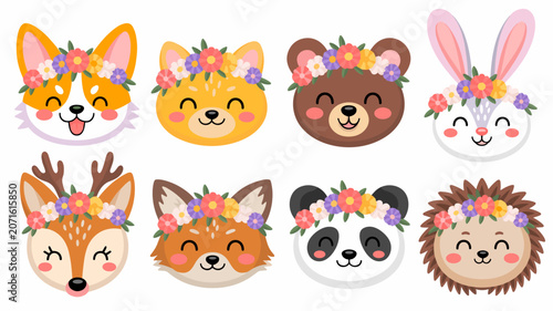 Cute Animal Faces with Flower Wreaths: A collection of adorable cartoon animal heads, including a corgi, fox, bear, rabbit, deer, panda, and hedgehog, each adorned with a colorful floral wreath.