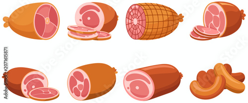 Assortment of Processed Meat Products: A variety of processed meat items, including ham, sausage, and cold cuts, are presented in a clean and appetizing display.