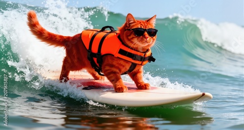 Vibrant photo of red shorthair cat in orange life jacket and sunglasses surfing on wave
