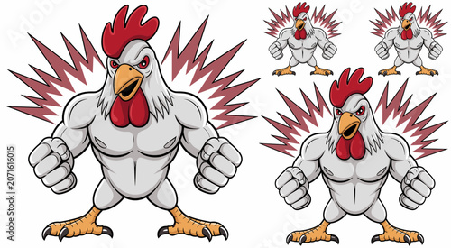Muscular Rooster Mascot: A cartoon illustration of a powerful and intimidating rooster with bulging muscles and a fierce expression, ready for action. Surrounded by striking energy bursts.
