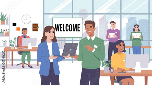 Welcome to the Team: A vibrant office scene depicts colleagues interacting warmly, with a Welcome sign prominently displayed, fostering an atmosphere of inclusivity and collaboration.