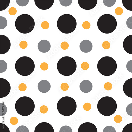 Modern Seamless Polka Dot Pattern with Black, Gray and Mustard Yellow Circles.