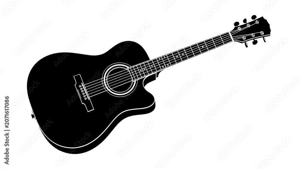Fototapeta premium Black electric guitar with white pickguard and tuning pegs.