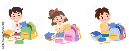 School children packing books into backpacks. Cute educational illustration set showing daily school preparation activities