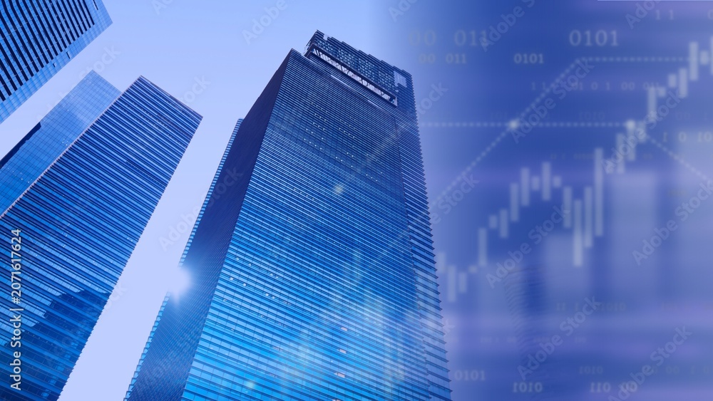 Fototapeta premium Skyscrapers with a digital stock market graph overlay, blue tones.