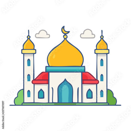 Flat cartoon mosque with dome and minarets