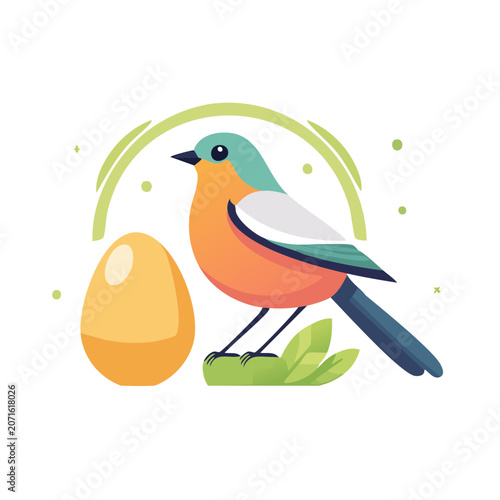 Flat illustration of a colorful bird and egg