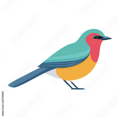 Flat illustration of a colorful bird with teal, red, and yellow