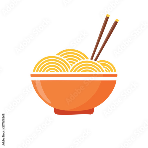 Orange bowl of noodles with chopsticks, flat vector illustration