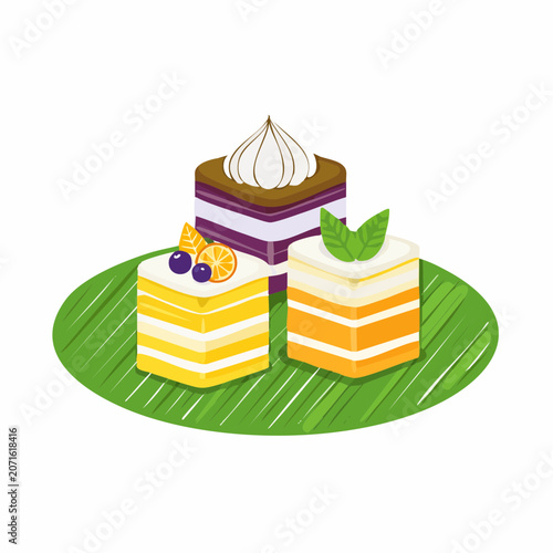 Three layered cakes with fruit and mint on a green leaf platter