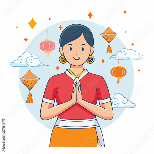 Woman in traditional attire with hands pressed together, greeting