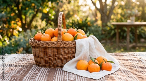 A wicker basket filled with oranges on a table outdoors in a garden setting with a white cloth