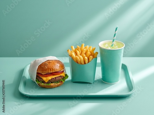 A mouthwatering fast food meal on a tray with a burger, fries, and a drink on a pastel green background