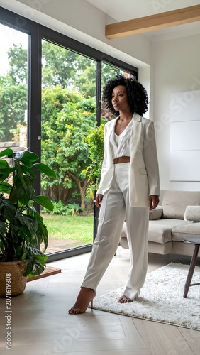 Stylish woman in white suit by large window