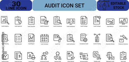Audit icon set for compliance analysis checklist verification and reporting for business website and app design editable stock vector graphics.