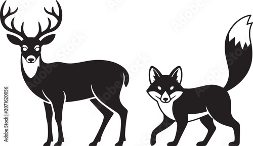 Deer and Fox Silhouette Vector Illustration Isolated on White Background