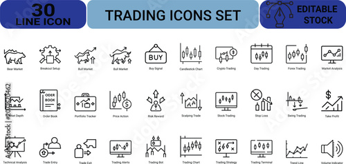 Trading icons set including stock market line symbols like bull bear candlestick chart forex crypto day trading technical analysis and market depth.