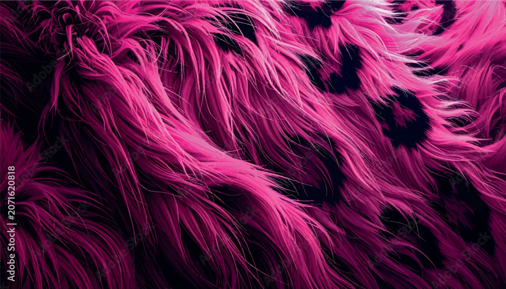 Obraz premium Vector background featuring long, pink leopard synthetic fur texture with deep black shadow accents, creating a luxurious, soft, and modern abstract design for stylish creative projects.
