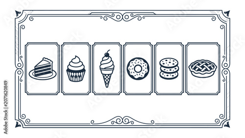 Vintage bakery menu template vector with dessert icons of cake cupcake ice cream donut cookies and pie in decorative frames