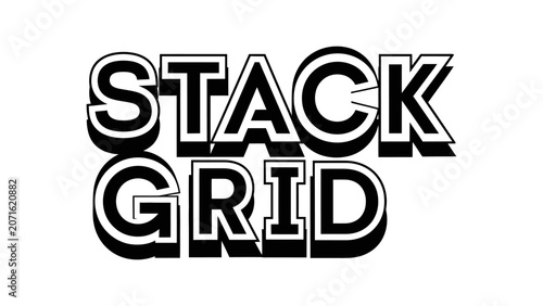 Bold 3D typography graphic featuring the words Stack Grid with heavy black drop shadow and double outline for creative design heading