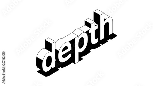 Isometric 3D word depth in black and white line art style with extrusion shadow for graphic design and typography projects