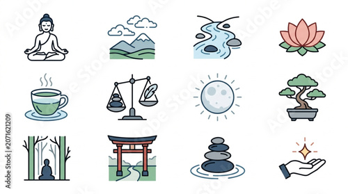 Collection of Icons Representing Serenity and Balance.